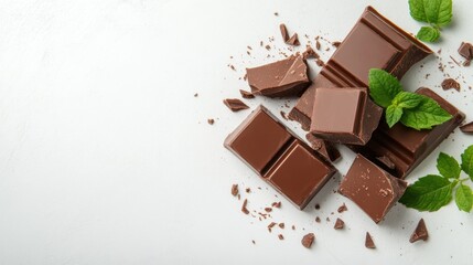 Delicious Chocolate Bars with Fresh Mint on White Background