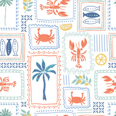 Tropical lobster pattern, summer Italy vacation mood. Retro palm trees, sardines, lemon in the frames. Mediterranean wallpaper, cute geometric design, textile, background, paper. Vector hand drawn art