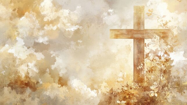 Beautiful wooden cross illuminated by soft golden watercolor background with heavenly clouds
