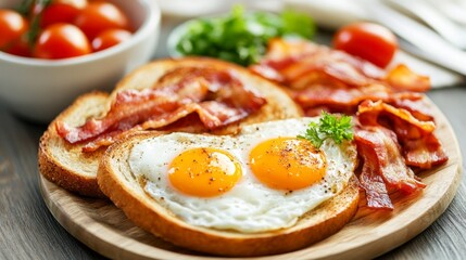 Sizzling strips of bacon accompany perfectly fried eggs nestled on toasted bread, with fresh cherry tomatoes adding a touch of color and flavor. A delightful morning feast