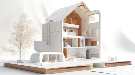 Architectural design of a modern house, interior and exterior, 3D model