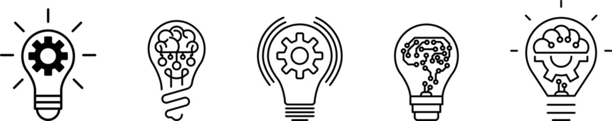 Innovation symbol icon set. Light bulb and cog, brain inside. Light Bulb line icon vector, isolated on white background. Idea sign. Inspiration icon vector illustration.