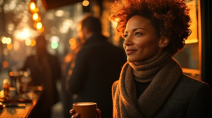 Woman smiles at bar with coffee, warm lighting, and a city street in background