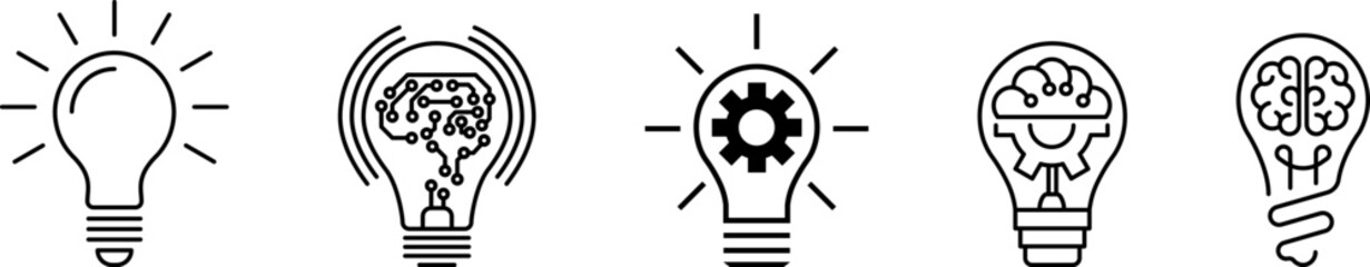 Innovation symbol icon set. Light bulb and cog, brain inside. Light Bulb line icon vector, isolated on white background. Idea sign. Inspiration icon vector illustration.