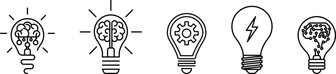 Innovation symbol icon set. Light bulb and cog, brain inside. Light Bulb line icon vector, isolated on white background. Idea sign. Inspiration icon vector illustration.