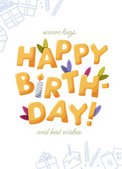 Birthday-themed greeting card or poster featuring playful bold yellow letters with leaves, candles, and holiday doodles, vector illustration on a white background