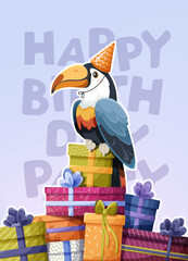 Birthday-themed greeting card or poster featuring an adorable toucan in party hat sitting on colorful gift boxes with bold letters behind, vector illustration on a soft blue background  © ALINA KRUSS