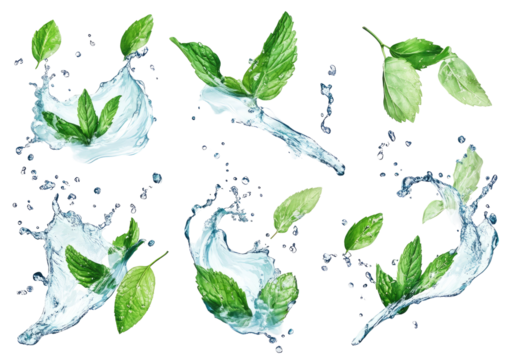 Fresh mint leaves splashing in water, creating dynamic motion with bubbles and droplets, green tropical plants