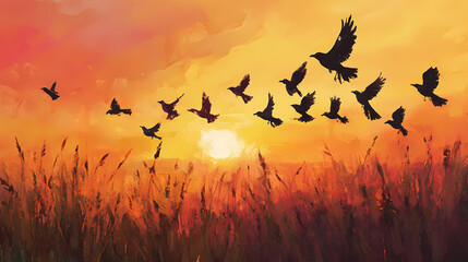 Fototapeta premium Wishes bloom fields sunset freedom chase dreams brighter. Freedom - Birds. Illustration