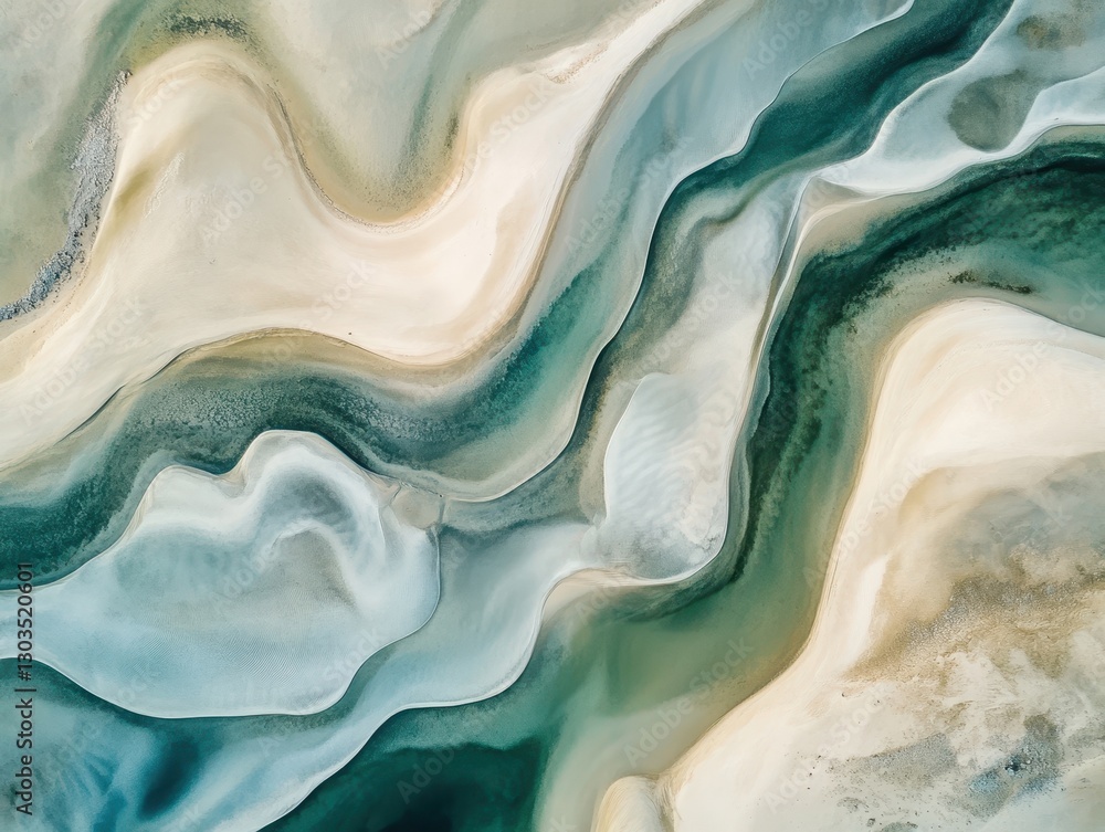 Poster serene aerial view of abstract coastal patterns in soft earth tones, capturing dynamic flow of sand 