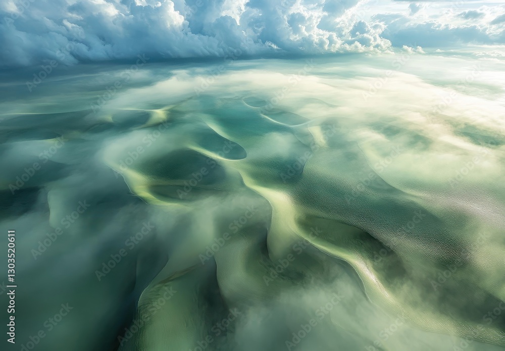Poster serene aerial view of abstract patterns in misty green waters under cloudy sky, evoking calmness and