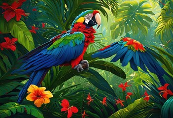 Obraz premium lush tropical foliage featuring vibrant wildlife elements beneath bright canopy exotic leaves colorful flowers, biodiversity, blooms, botanical, canopies