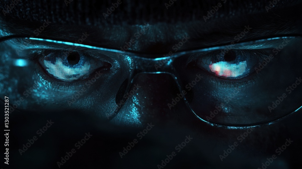 Poster vision, hacking and technology concept - close up of hacker eyes in glasses looking at computer scre