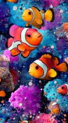Vibrant Orange Clownfish Swimming in Colorful Underwater Scene with Purple and Blue Coral Reef Background Illustration