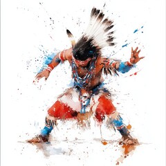 Native American Man Performing Traditional Dance in Vibrant Watercolor