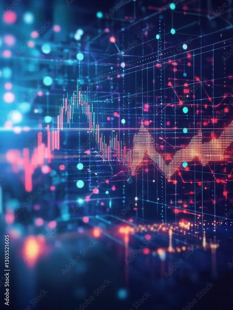 Poster cryptocurrency stock chart on futuristic hud background with blockchain polygon peer to peer network