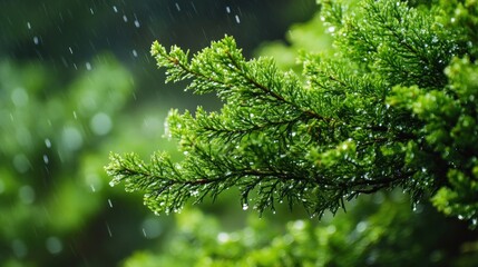 Fototapeta premium Raindrops cling to evergreen branch, nature thrives in damp background after summer rain shower