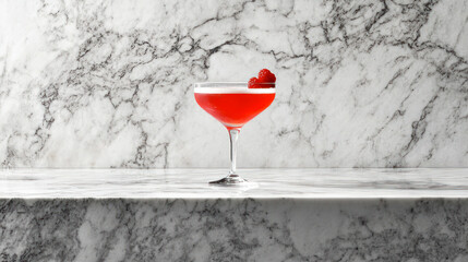 Red Cosmopolitan cocktail on light colored marble countertop