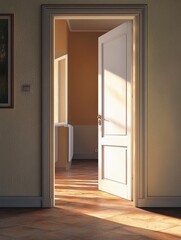 An open doorway leading to a sunlit room, with plenty of space around the doorframe for adding copy. -