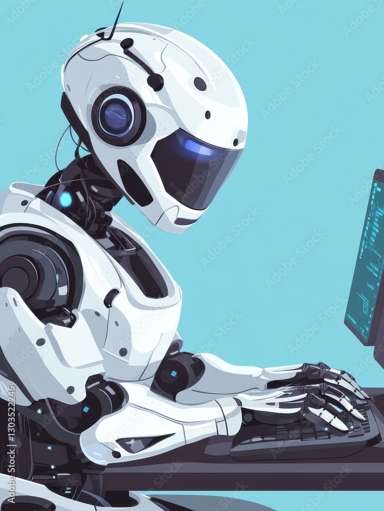 Poster modern robot working on computer futuristic artificial intelligence mechanism technology flat vector