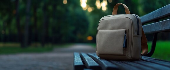 Beige Backpack on Park Bench