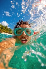 Fototapeta premium Vibrant Underwater Adventure: Young Swimmer Exploring Tropical Waters with Goggles