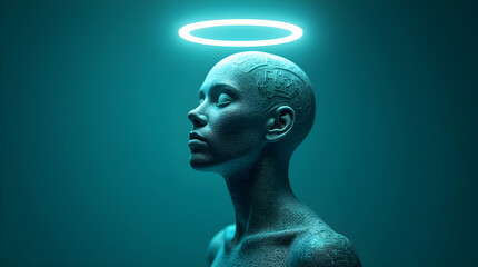 Serene Bald Woman with Neon Halo - Moody Teal Digital Art Portrait