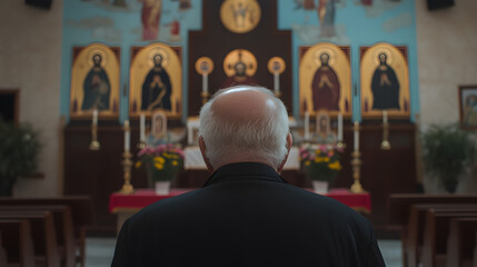 Obraz premium A man contemplates sacred art in a traditional church sanctuary, bathed in soft light, reflecting on faith and spirituality in a peaceful setting.