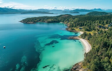 Obraz premium Serene Aerial View of Tranquil Beach Surrounded by Lush Green Forest and Clear Aqua Sea Under Bright Blue Sky on a Sunny Day