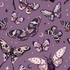 Seamless vector pattern of butterflies and moths, featuring starry elements on a violet background