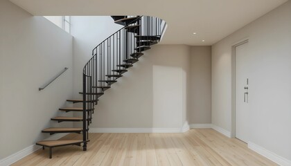Compact Black Metal Spiral Staircase in Minimalist Loft