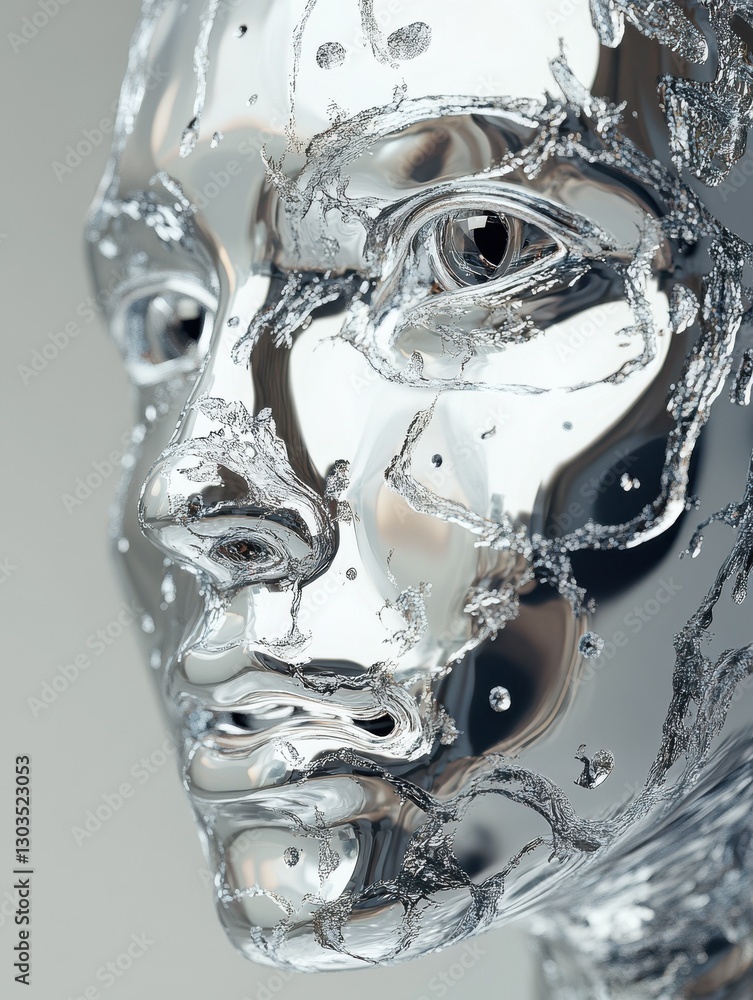Poster 3d rendering of a artificial face made from metal ai artificial intelligence.
