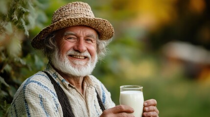 Fototapeta premium Senior farmer with a glass of milk outside in green nature