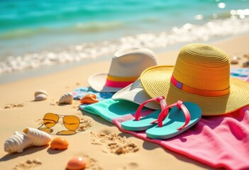 colorful beach products artfully laid out sunlit warm sands showcasing vibrant colors textures, summer, vacation, leisure, outdoor, relaxation, tropical