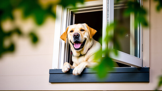 The dog wants to go for a walk. The Labrador is looking at the street from the window of the house. In the yard, there are fresh spring foliage on the trees.