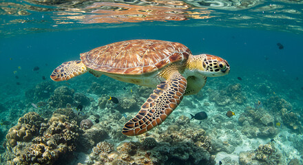 Obraz premium A green sea turtle swimming gracefully in crystal-clear waters above a colorful coral reef