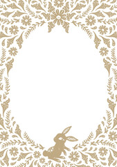 Beautiful adorable bunny with floral flower elements border frame background in vintage art nouveau illusration style for birthday invitation poster printable card book page flyer etc	