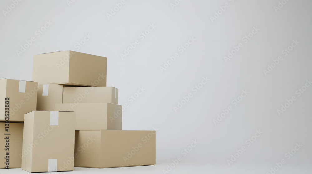 Poster a stack of sealed cardboard boxes against a solid light gray background. suitable for use in themes 