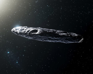 A close-up view of an interstellar object resembling a comet or asteroid in deep space with stars and cosmic dust, representing space exploration and the mysteries of the universe.