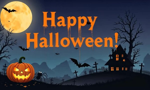 Happy Halloween Text with Pumpkin, Bat, Tree, House and Spider Background. 4k