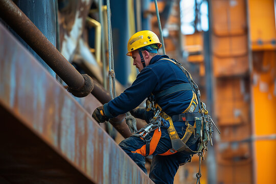 An industrial rope access technician, wearing a full safety harness, abseils to inspect and clean a chute roller during maintenance work at an iron ore mining construction site.