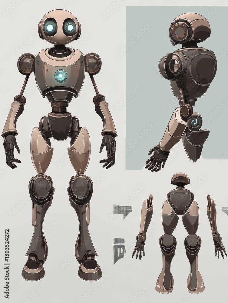 Poster robot character. cartoon robotic mechanism, humanoid set. humanoid and cyborg, character robot mecha