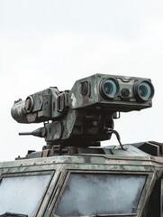 Detailed close up view of an advanced anti drone laser defense system mounted on top of an armored military vehicle