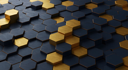 Abstract gold and dark blue hexagon geometric pattern background 3d art on transparent background