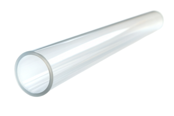 Clear glass tube reflects light elegantly on a white surface in a well-lit studio setting isolated on transparent background