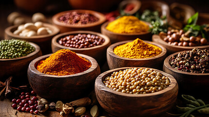 Fototapeta premium Colorful Easter eggs on a white background with a collection of spices and herbs