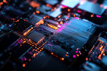 Obraz premium Digital background perfect for tech processes, neural networks, artificial intelligence, digital archives, sound and graphic presentations, Electronic circuit board