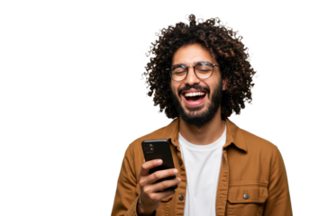 A young man with curly hair a beard and glasses wearing a brown jacket isolated on transparent background