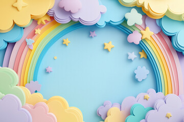 A soft and inviting whimsical cloud cartoon frame with rainbow on a clean background.