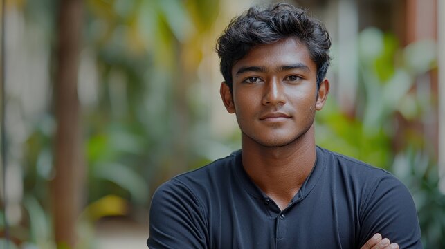 Young man poses confidently with crossed arms, tropical plant blurred backdrop